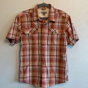 Eddie Bauer- mens plaid shirt sleeve button up- brown- Size medium